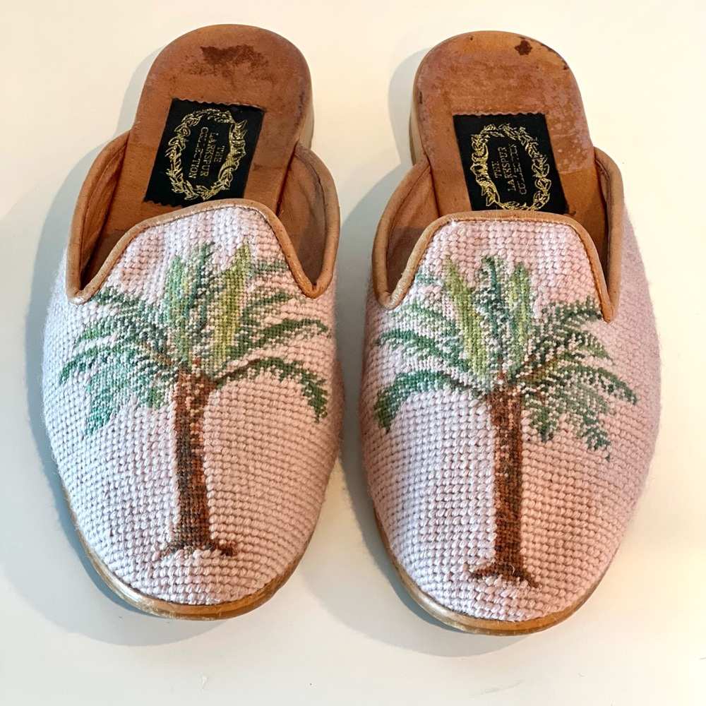 Larkspur Collection Palm Tree Mules - Pink, Green and Brown